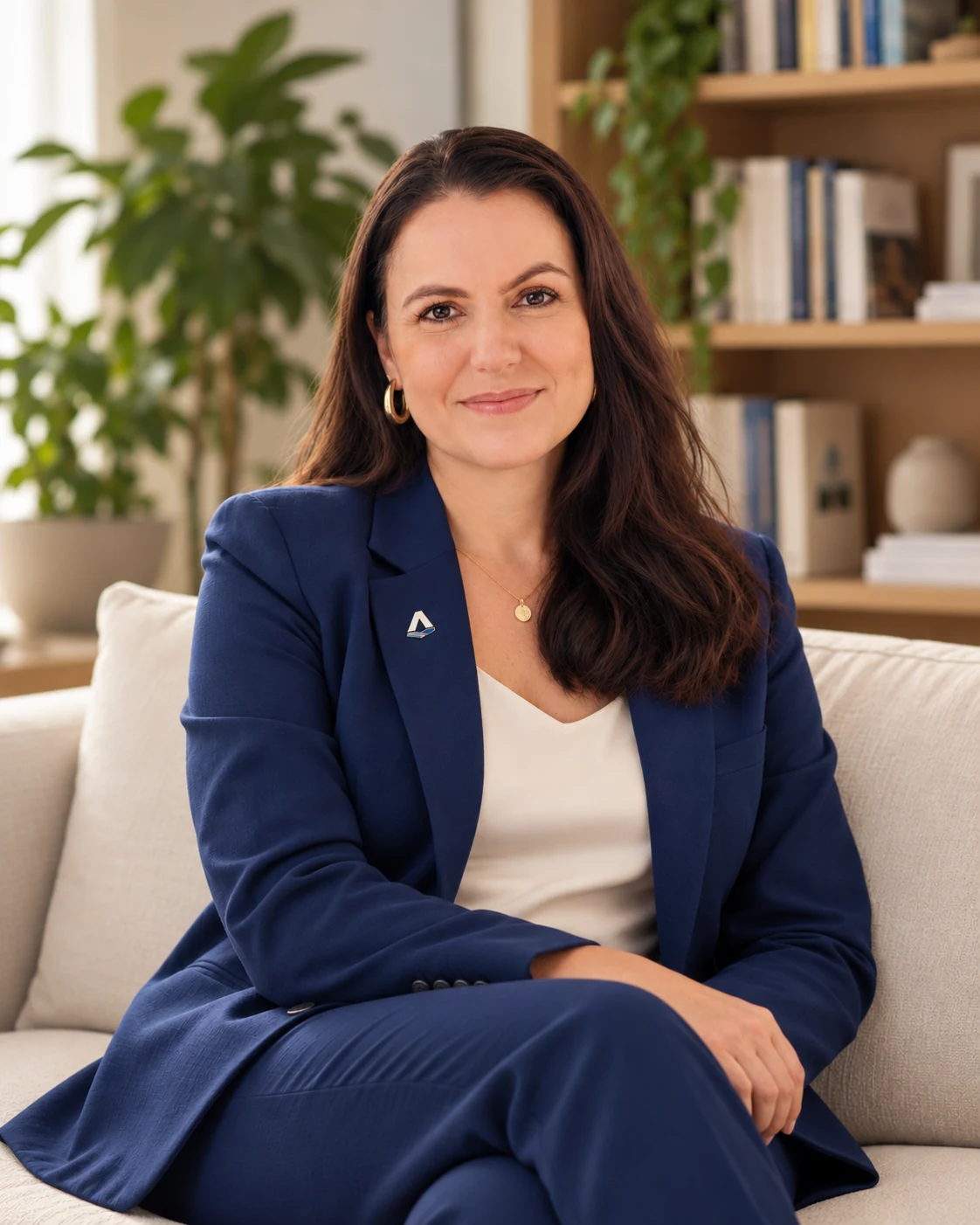 Retrato profissional da psicóloga Anne C. Bogo, sentada em um ambiente de atendimento com blazer azul